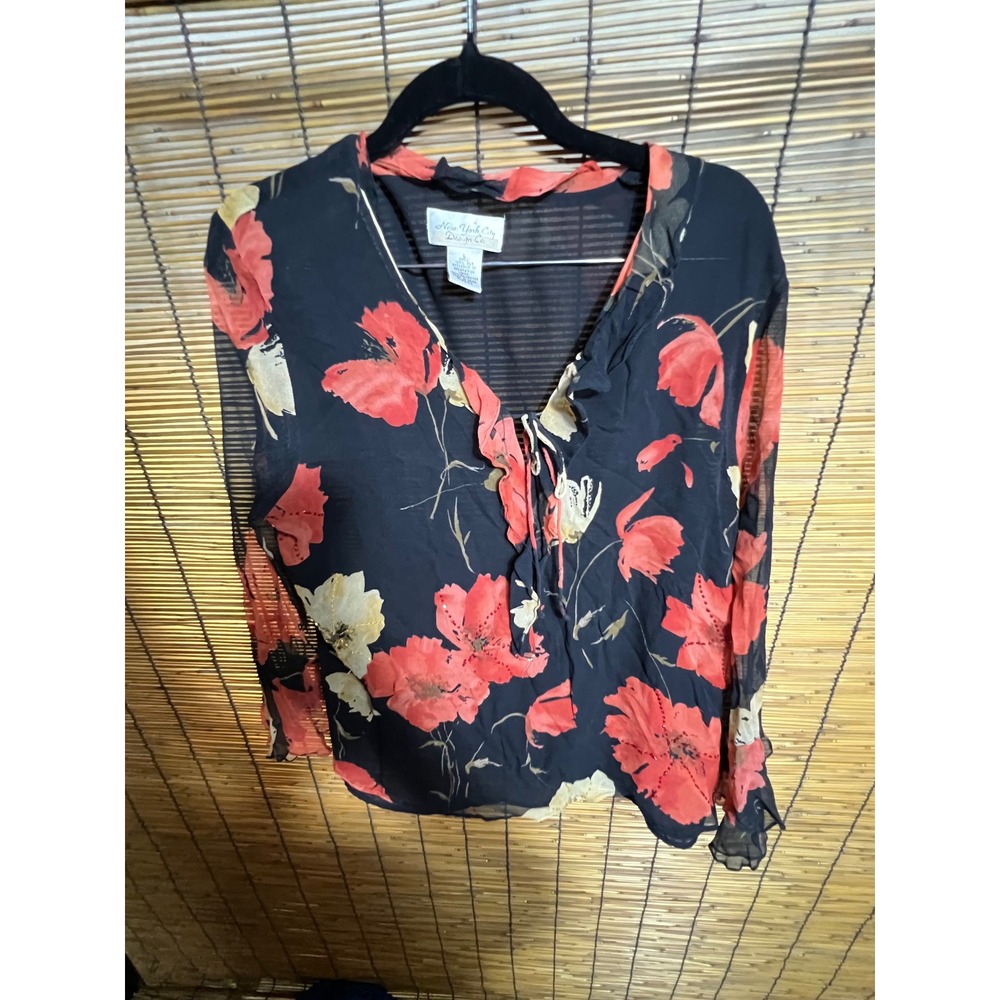New York City Design Co Vintage Silk Floral Beaded Ruffle Blouse Black Red Large